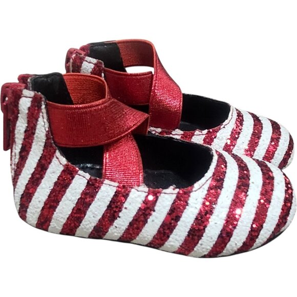 NEW A Bear Co Toddler Size 3 Red White Stripe Glitter Ballerina Flat Christmas - Picture 2 of 9